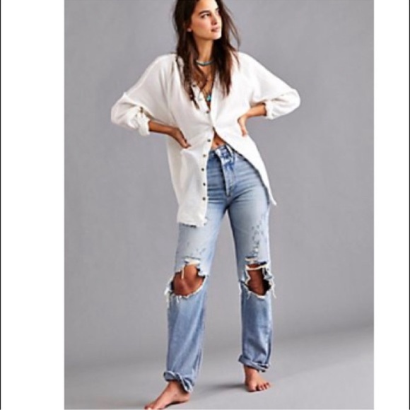 Free People Denim - Free People Lasso Distressed Busted Knee Straight Leg Button Fly Jeans Size 27